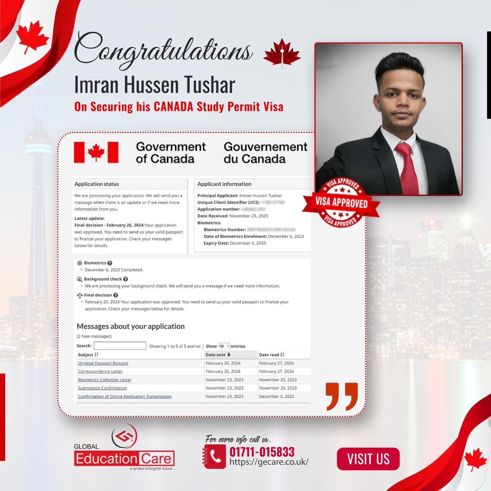 Canada Visa Success (Imran Hussen Tushar)