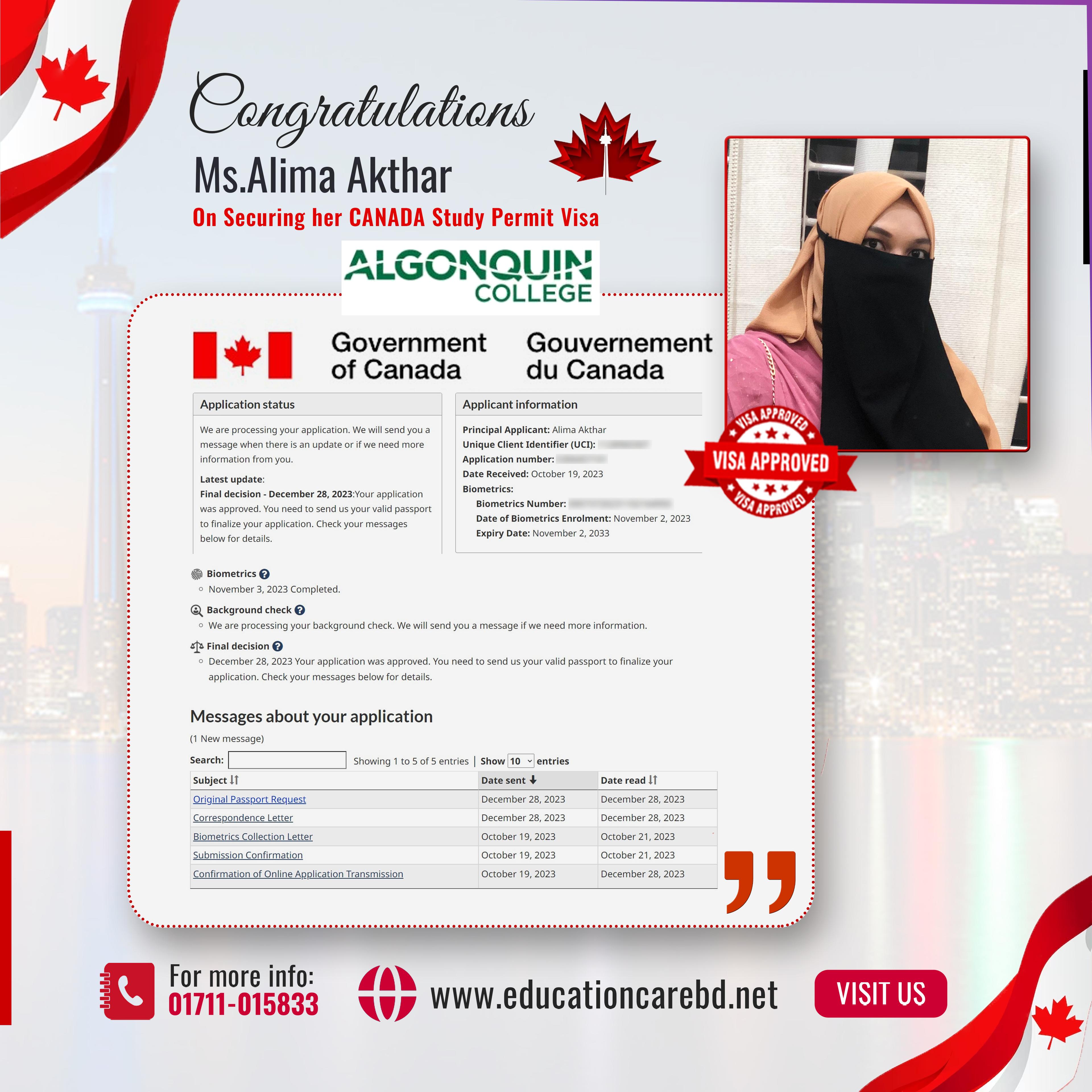 Canada Visa Success (Alima Akthar)