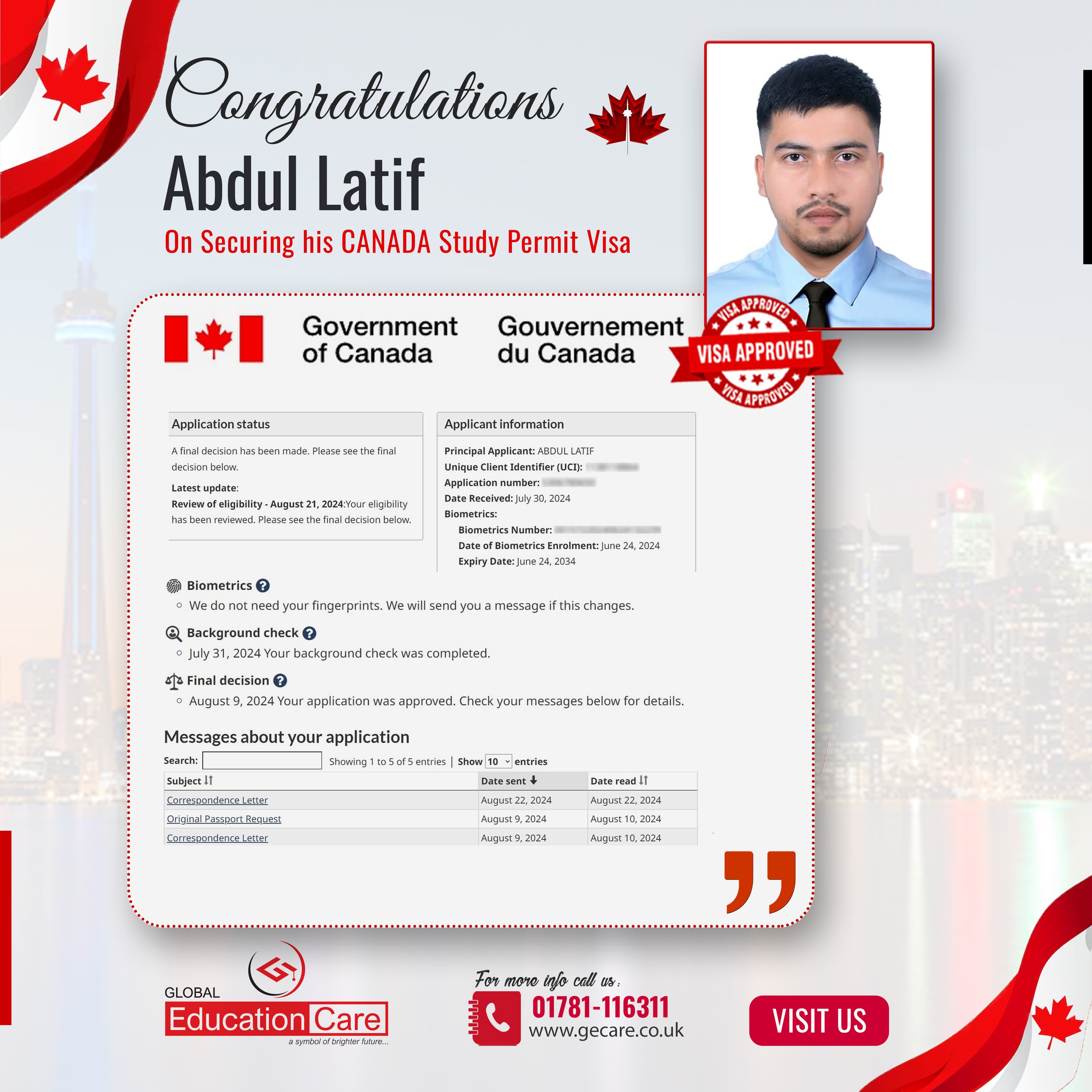 Abdul Latif has secured his student visa for Canada.