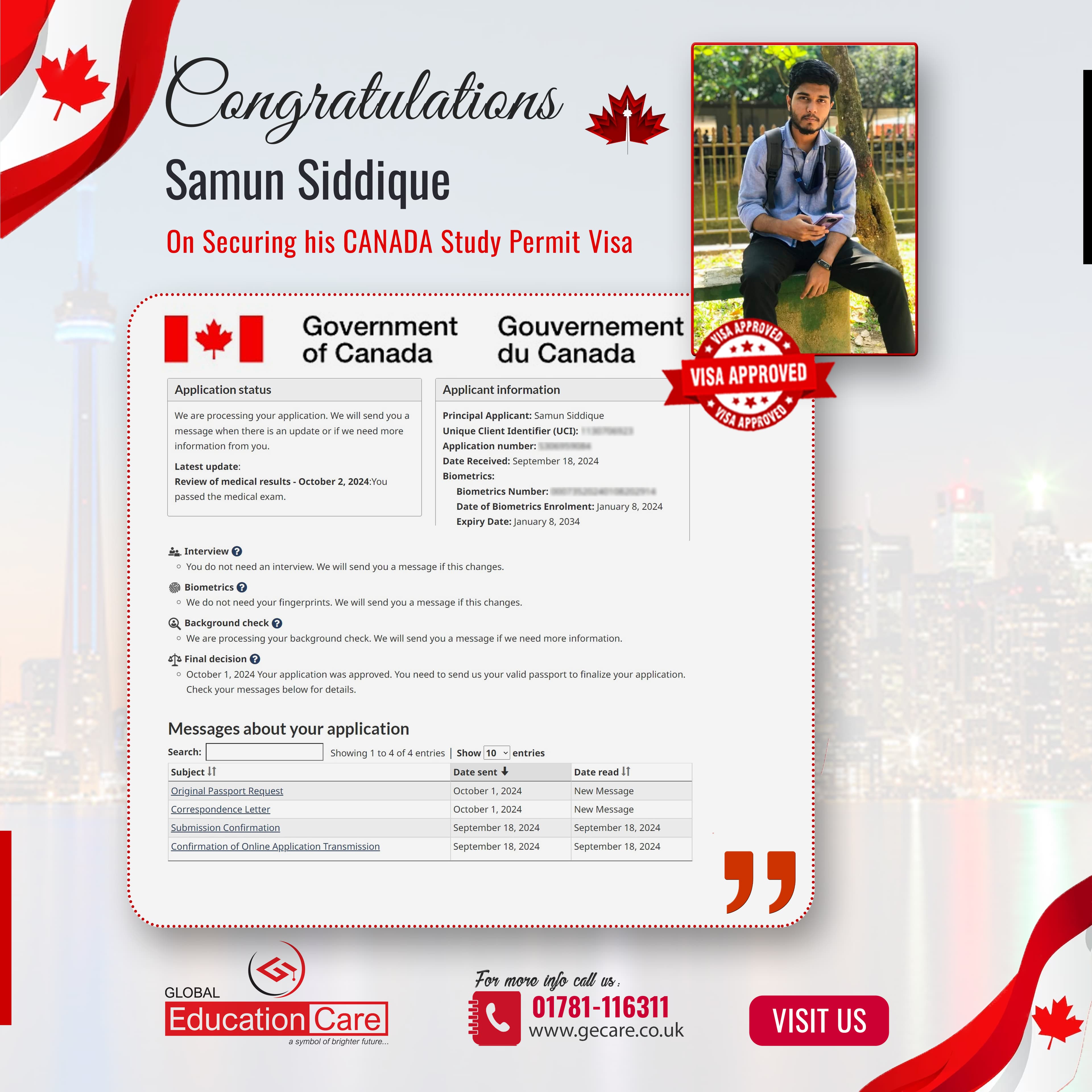 Samun Siddique has secured his student visa for Canada