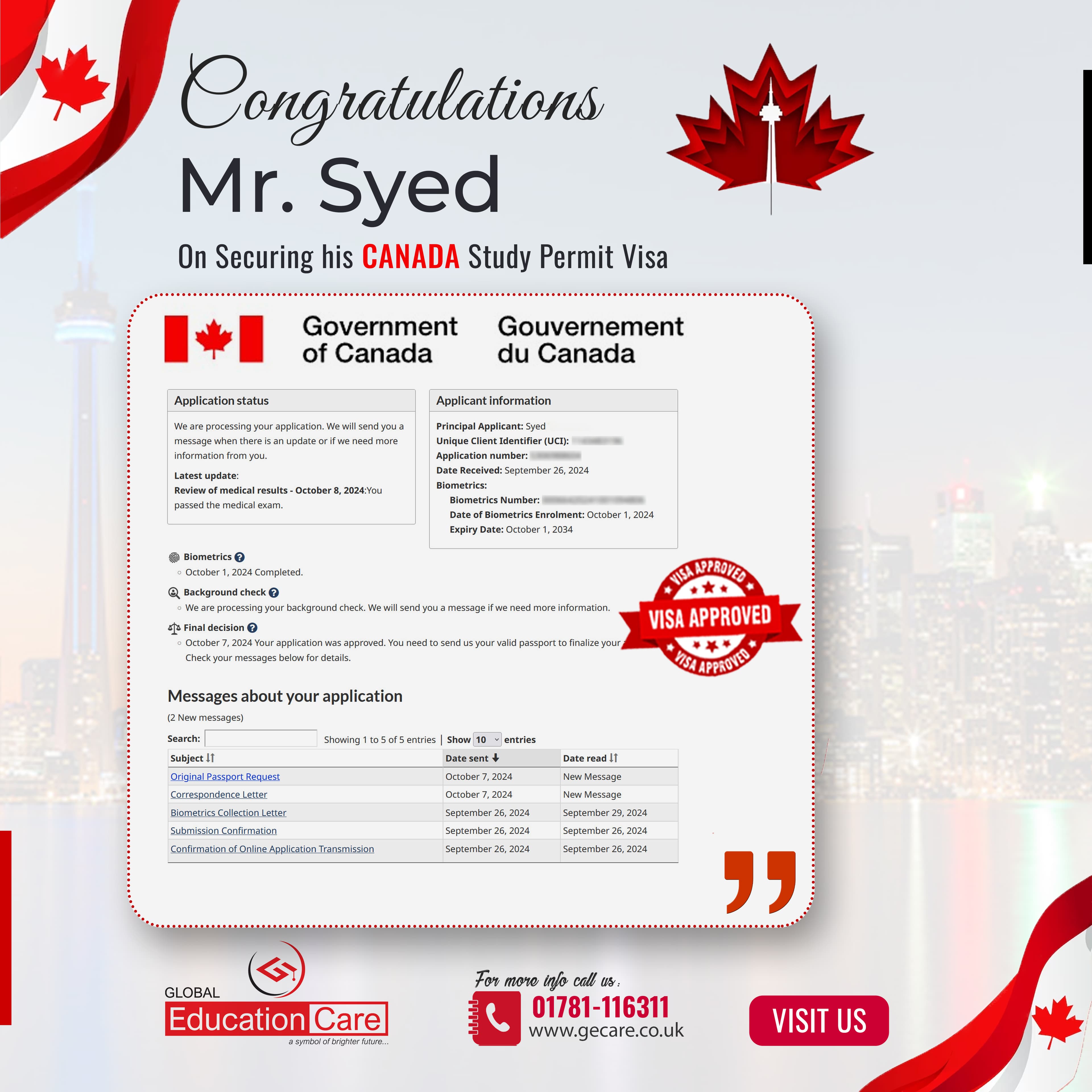 Mr. Syed has secured his student visa for Canada