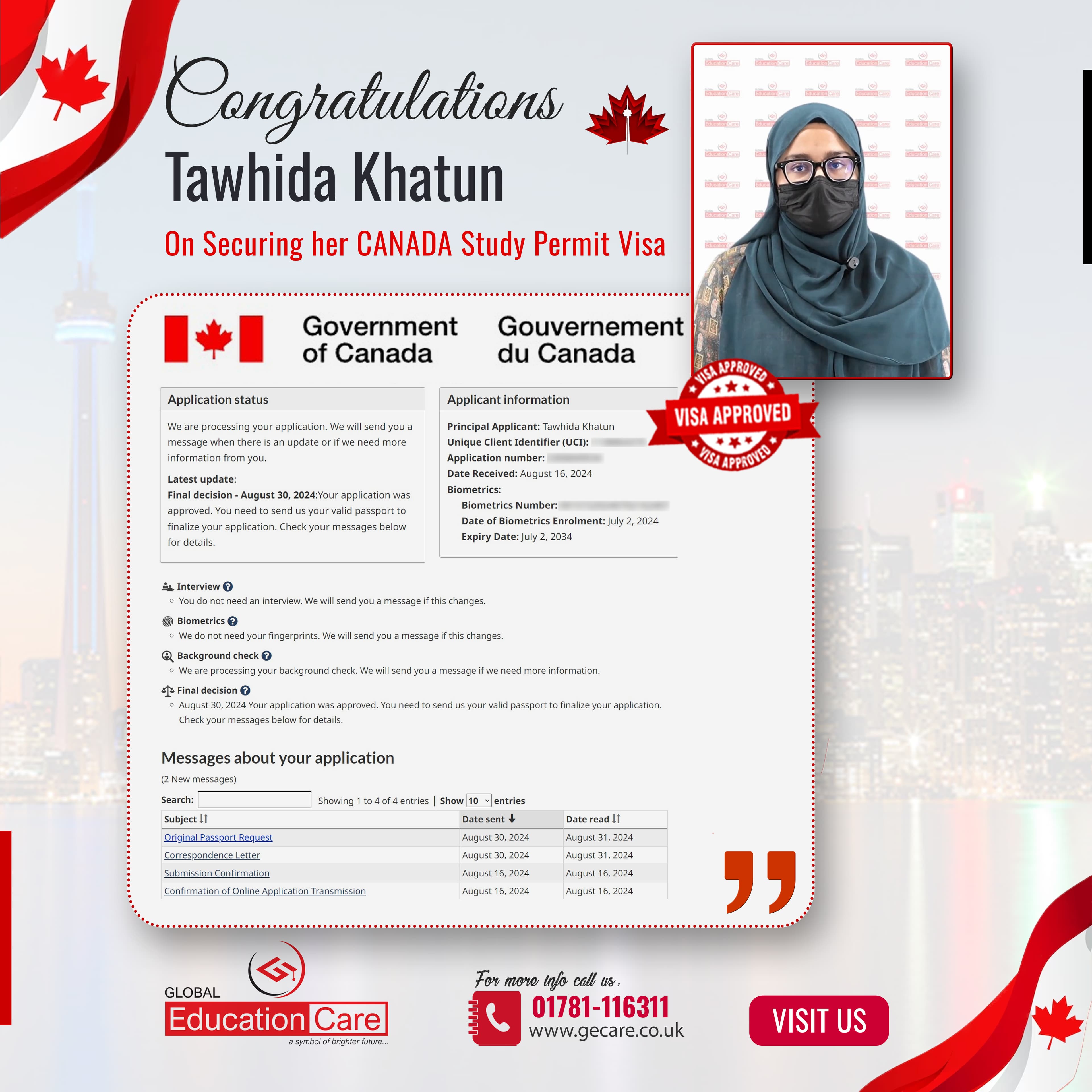 Tawhida Khatun has secured her student visa for Canada