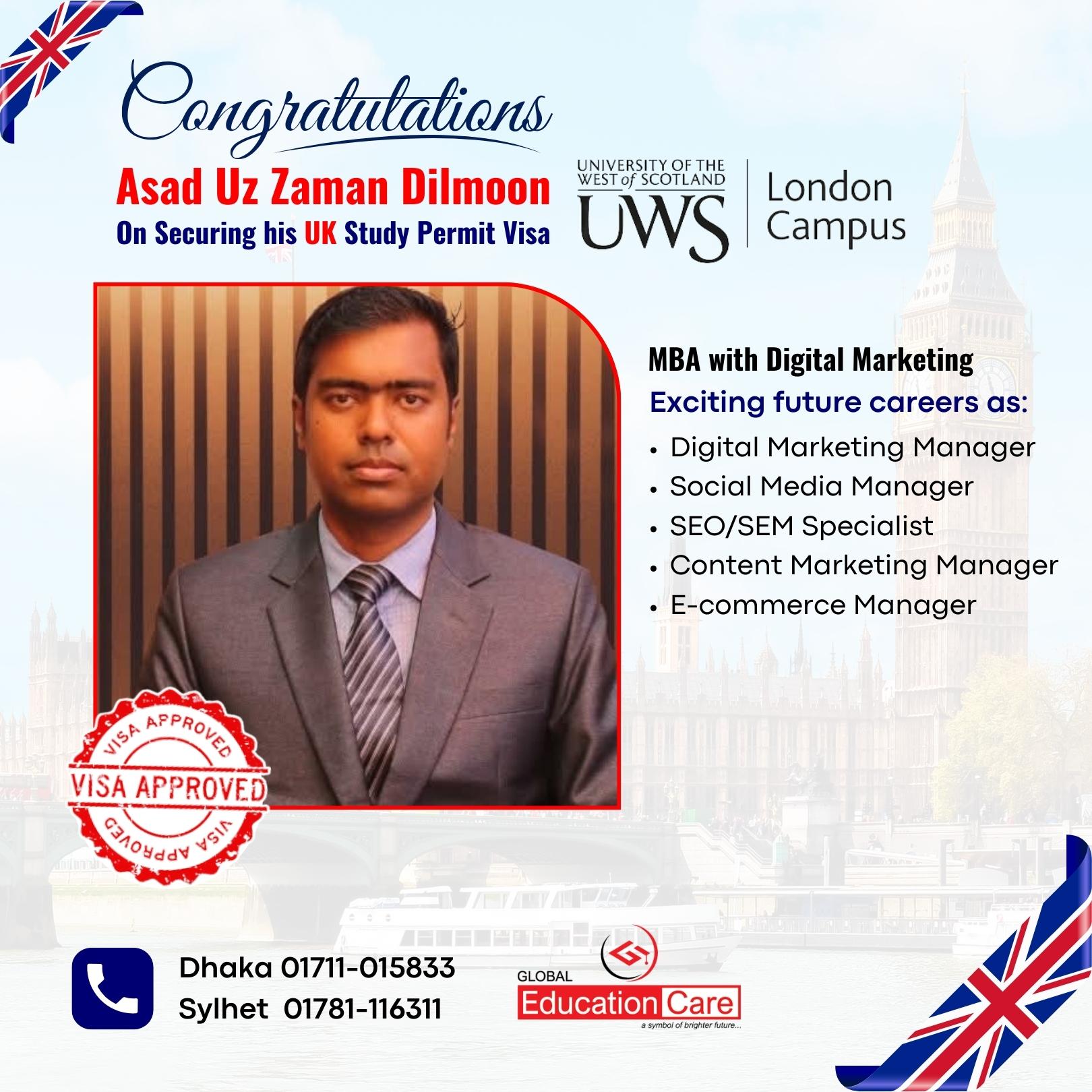 Asad Uz Zaman Dilmoon - MBA with Digital Marketing - University of the West of Scotland, London (UWS, London)