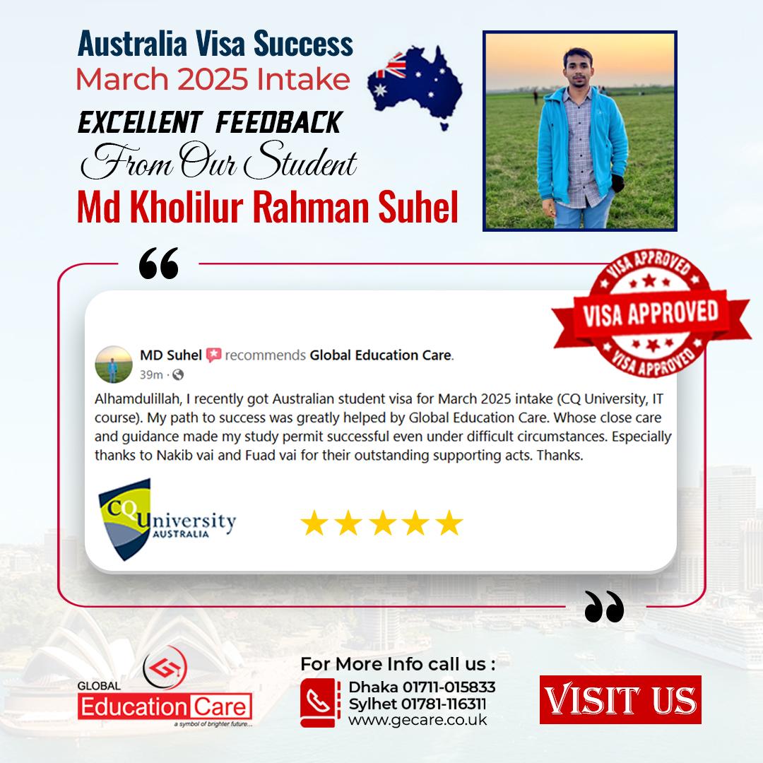 Australia Visa Success | Md. Kholilur Rahman Suhel| CQ University (March 2025) Intake