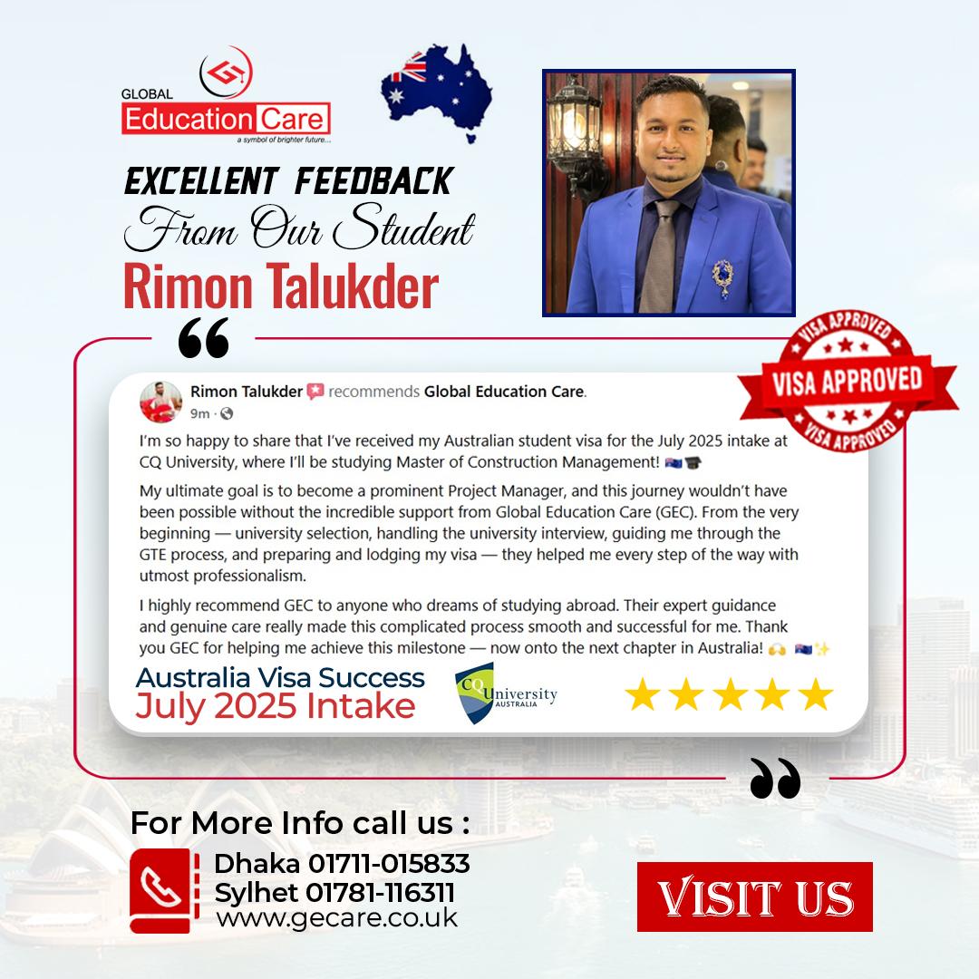 Australia Visa Success | Rimon Talukder | CQ University July 2025 Intake