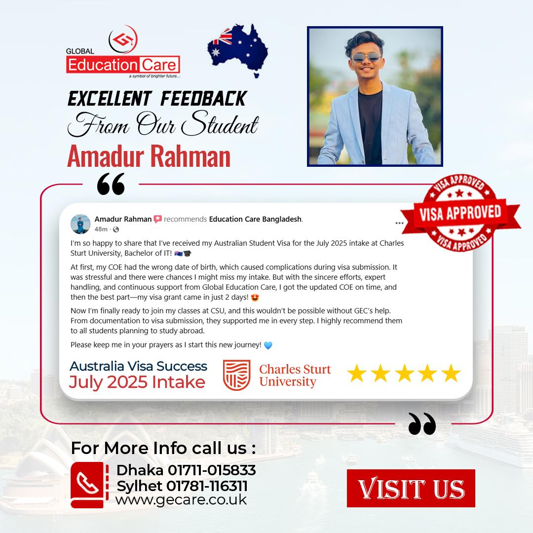 Australia Visa Success | Amadur Rahman | Charles Sturt University | July 2025 Intake