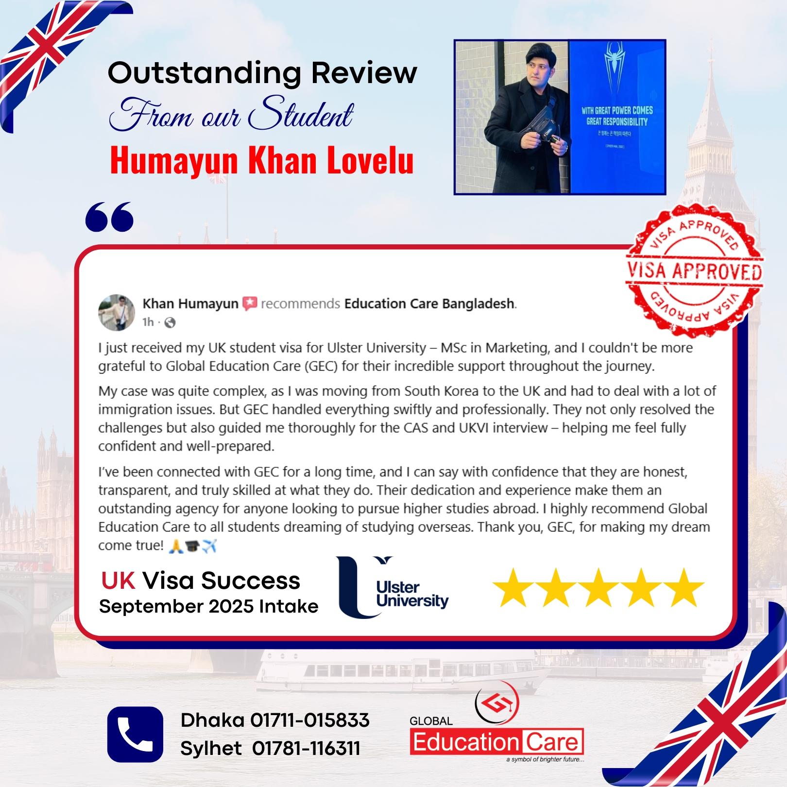 UK Visa Success | Humayun Khan Lovelu | Ulster University - MSc in Marketing September 2025 intake