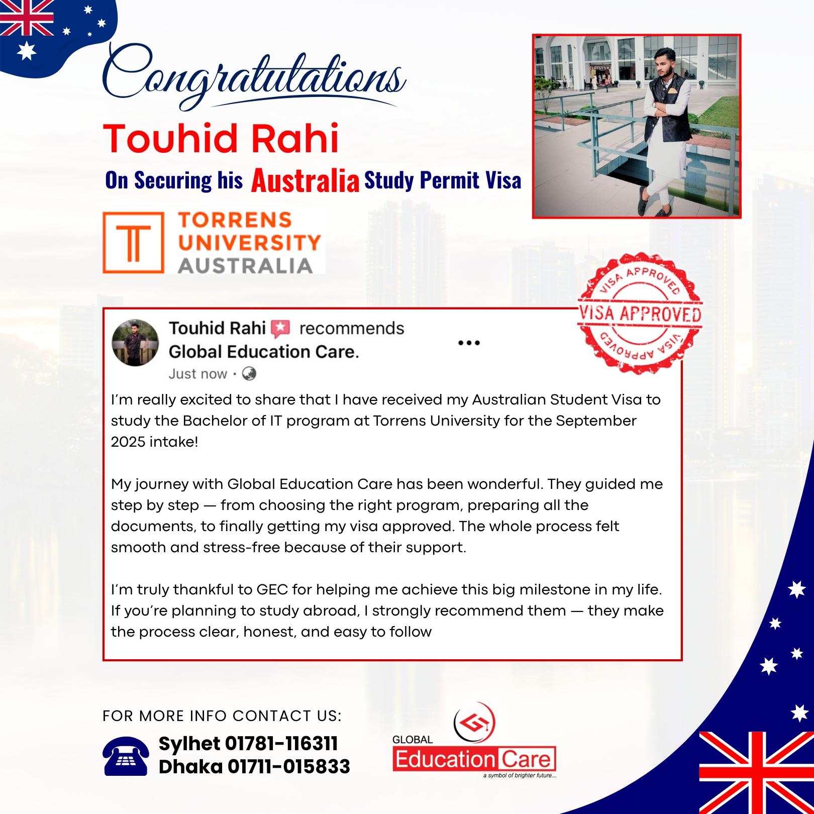 Australia Visa Success | Touhid Rahi | Torrens University | September 2025 Intake