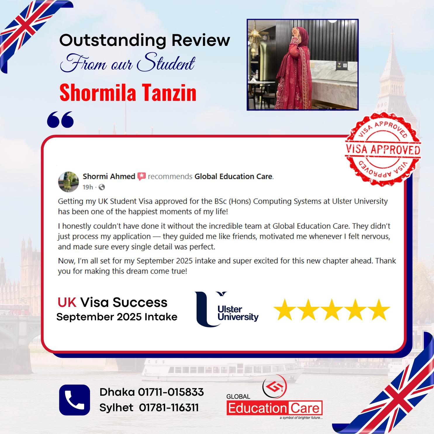 UK Visa Success | Shormila Tanzin | Ulster University - BSc(hons) in Computing Systems September 2025 intake