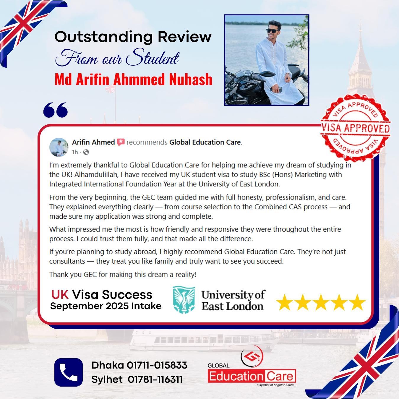 UK Visa Success | Md. arifin Ahmmed Nuhash | University Of East London | BSc(Hons) in Marketing September 2025 intake