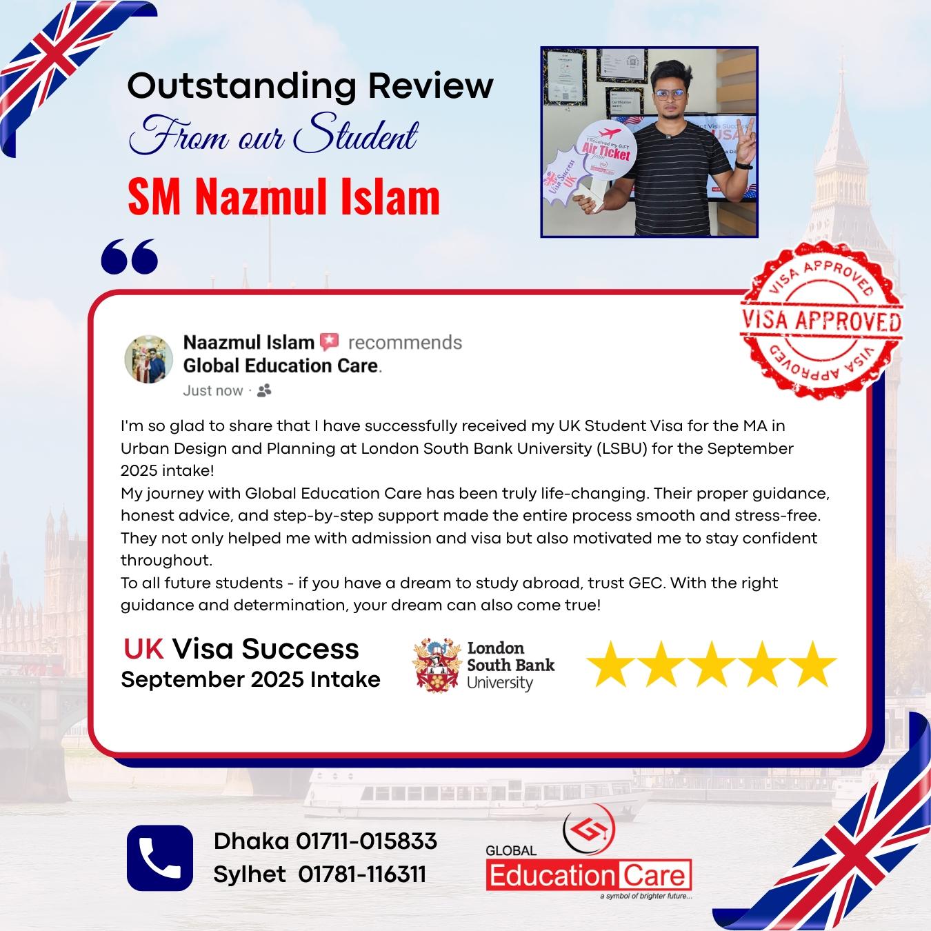 UK Visa Success | SM Nazmul Islam | London South Bank University | MA Urban Design & planing | September 2025 intake