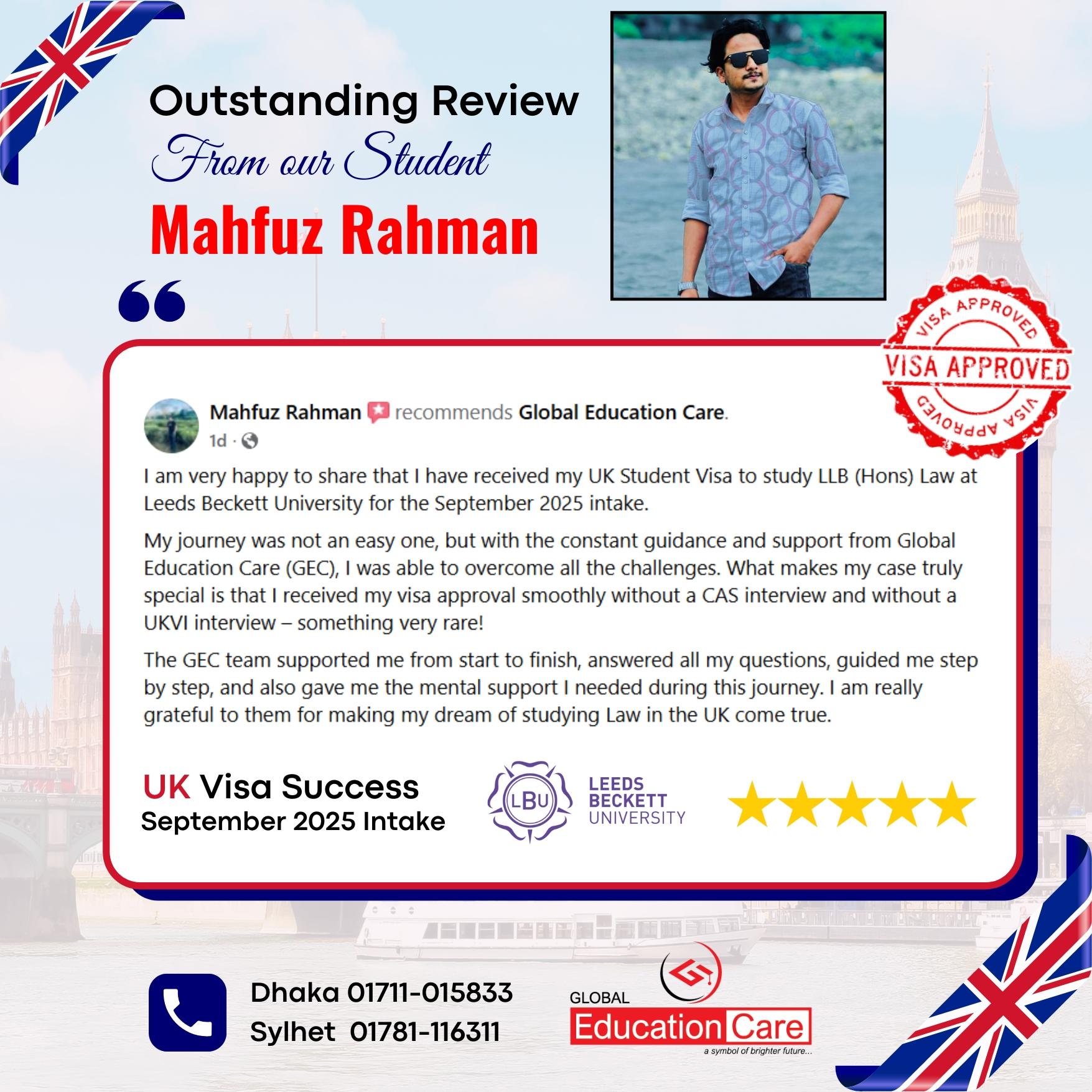 UK Visa Success | Mahfuz Rahman | Leeds Beckett University | LLB (Hons) Law | September 2025 intake
