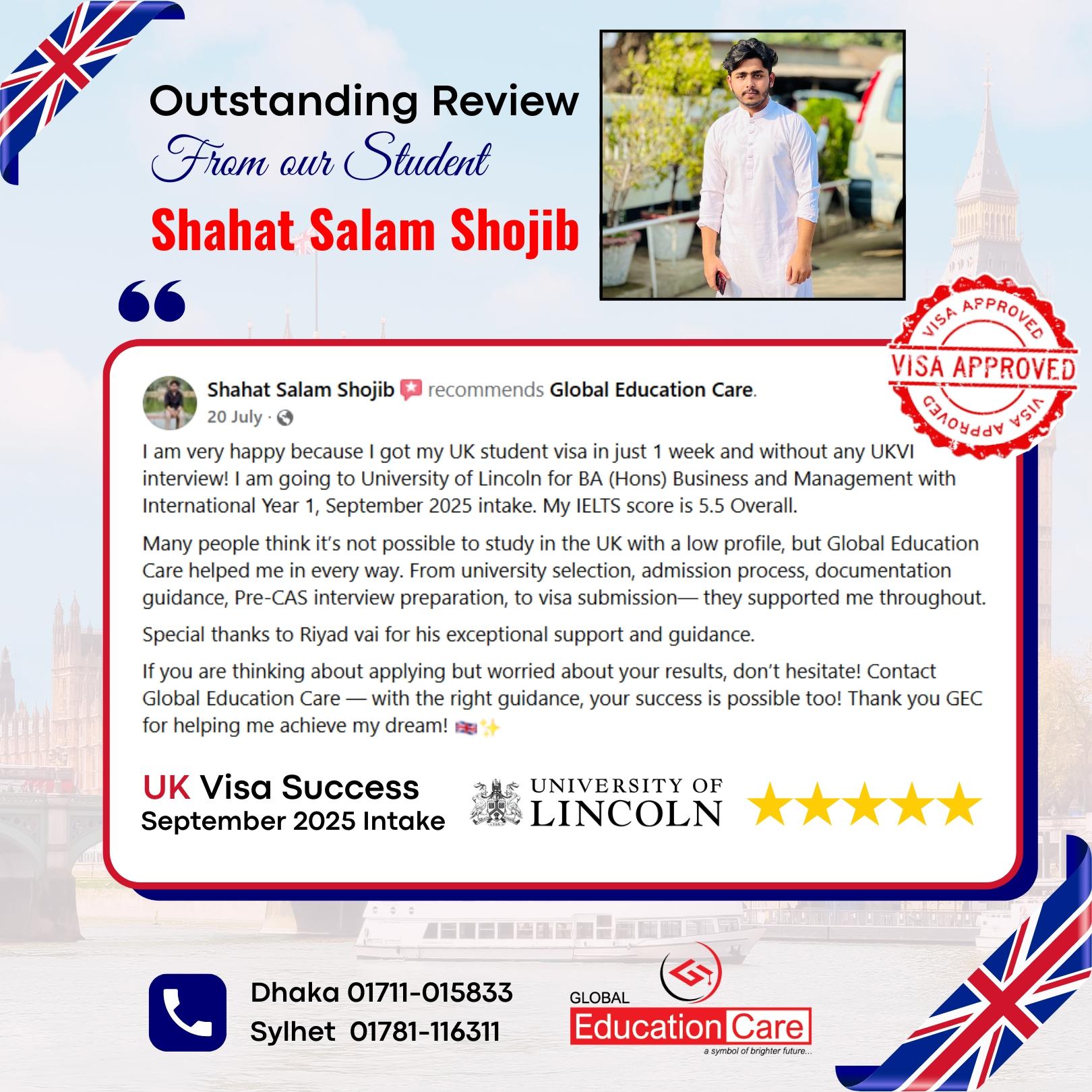 UK Visa Success | Shahat Salam Shojib | University Of Lincoln | BA (Hons) Business & Management | September 2025 intake