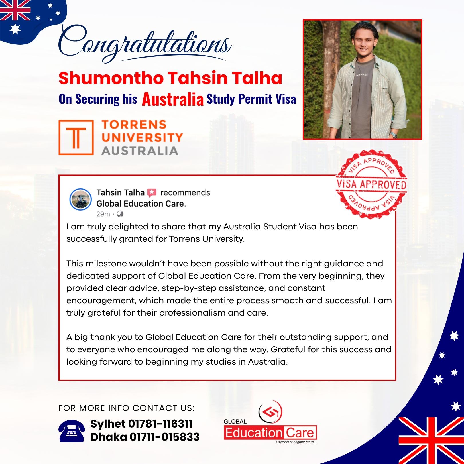 Australia Visa Success | Shumontho Tahsin Talha | Torrens University | September 2025 Intake