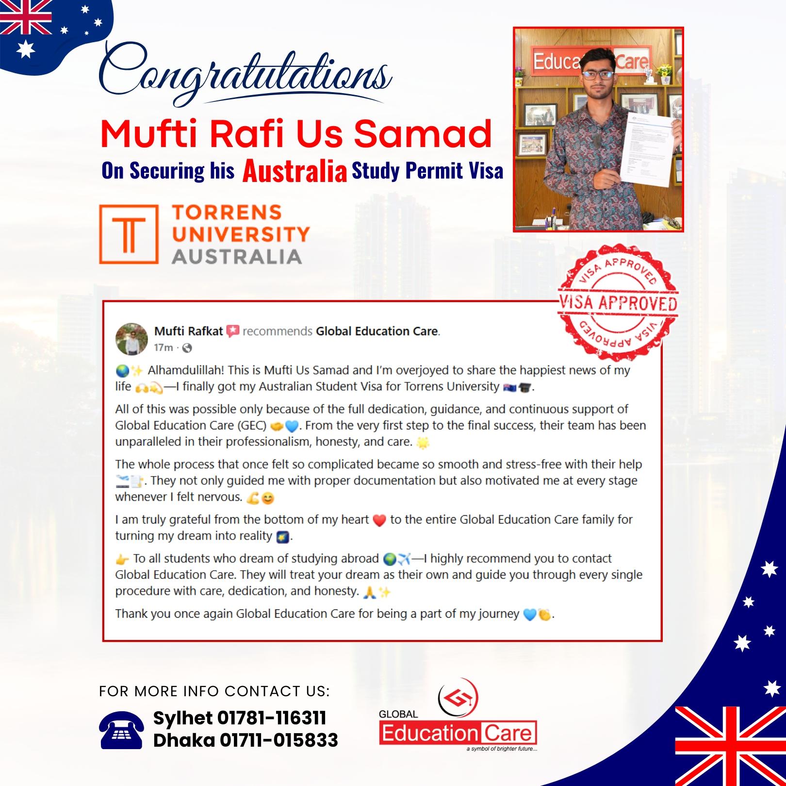 Australia Visa Success | Mufti Rafi Us Samad | Torrens University | September 2025 Intake