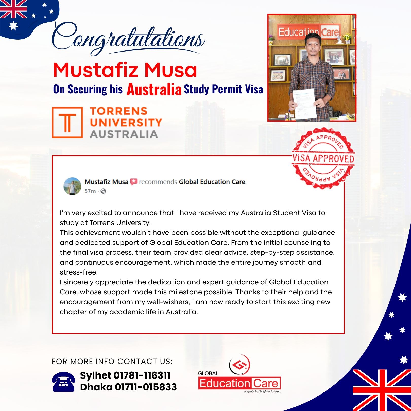 Australia Visa Success | Mustafiz Musa | Torrens University | September 2025 Intake