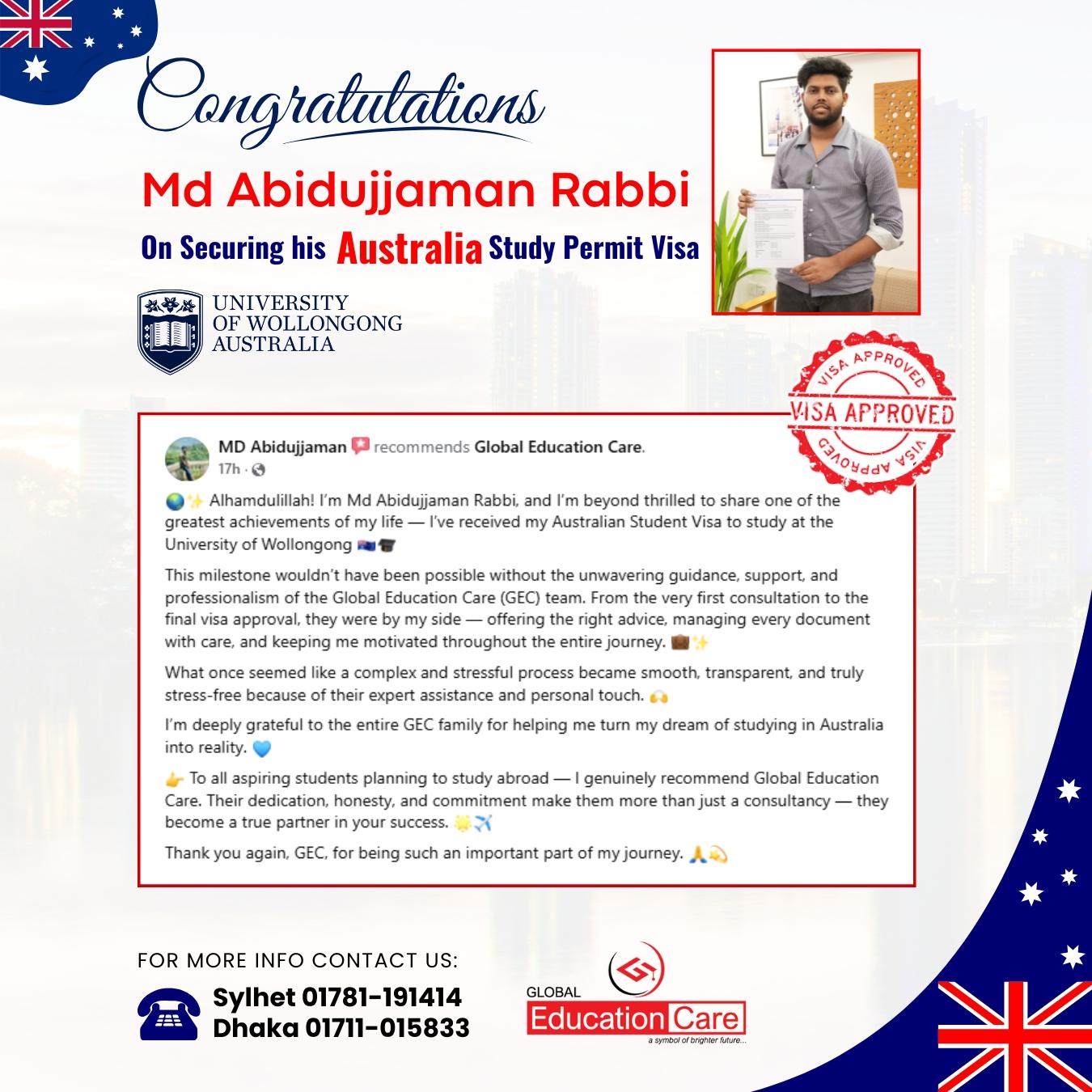 Australia Visa Success | Md Abidujjaman Rabbi | University of Wollongong | September 2025 Intake