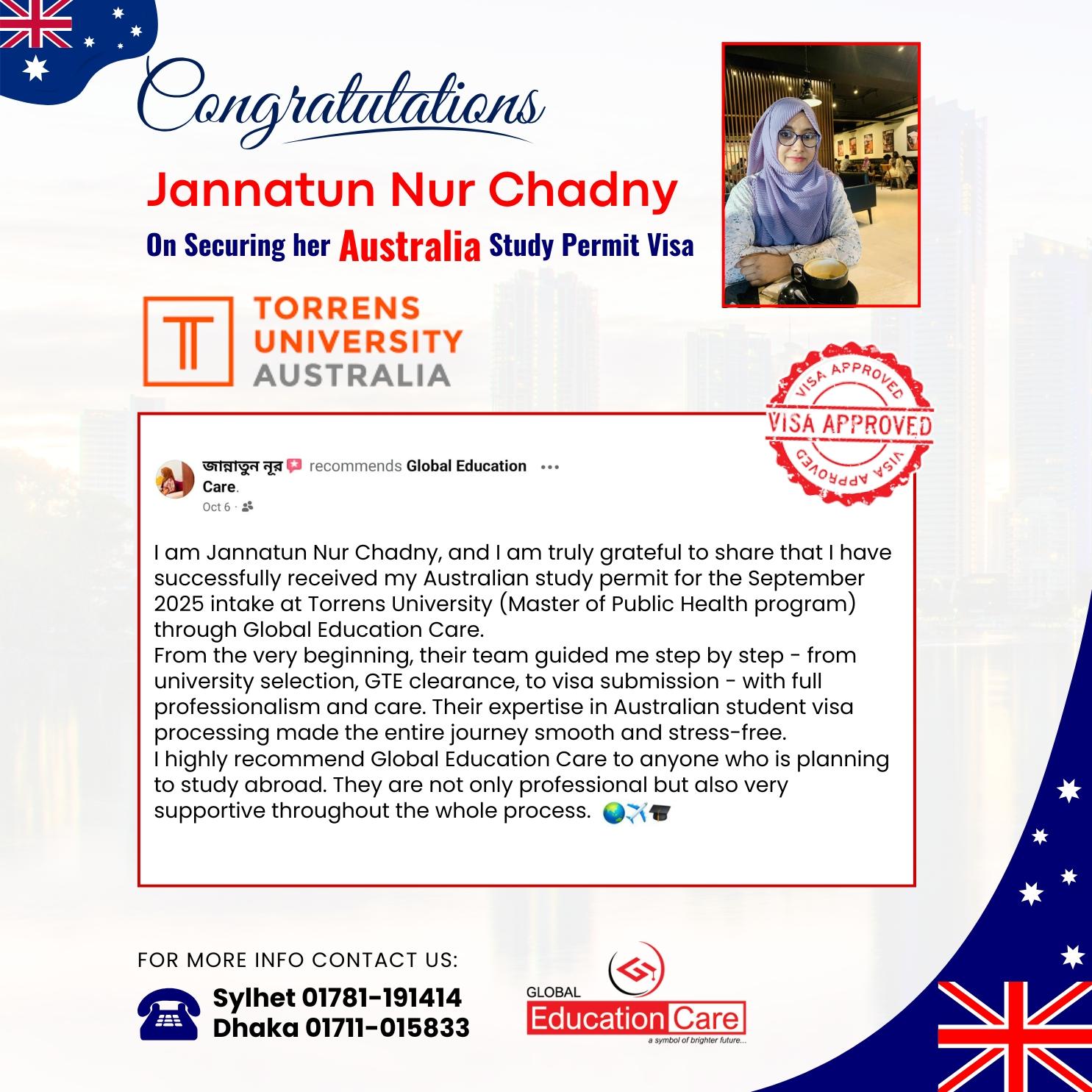 Australia Visa Success | Jannatun Nur Chadny | Torrens University | September 2025 Intake