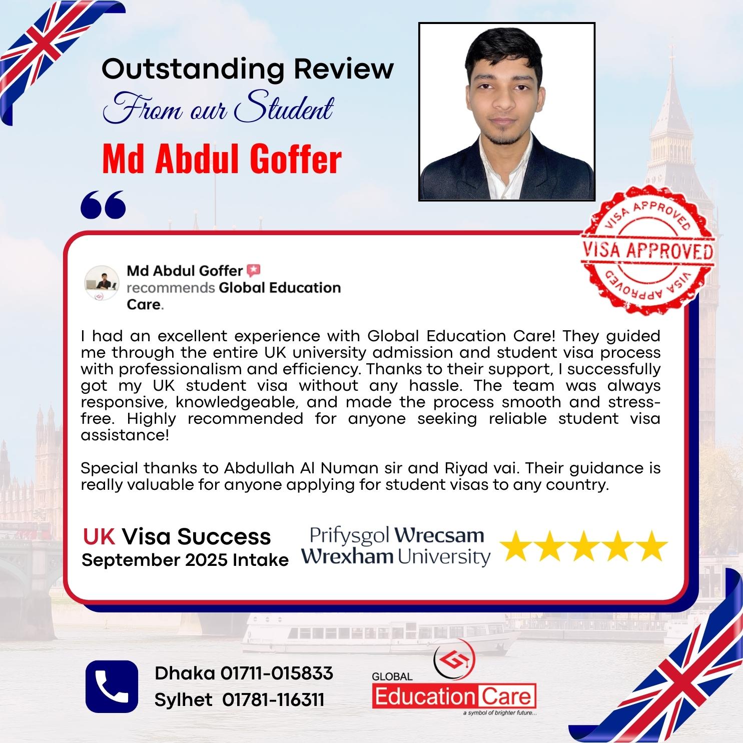 UK Visa Success | Md Abdul Goffer | Wrexham University | BSc (Hons) Biomedical Science | September 2025 intake