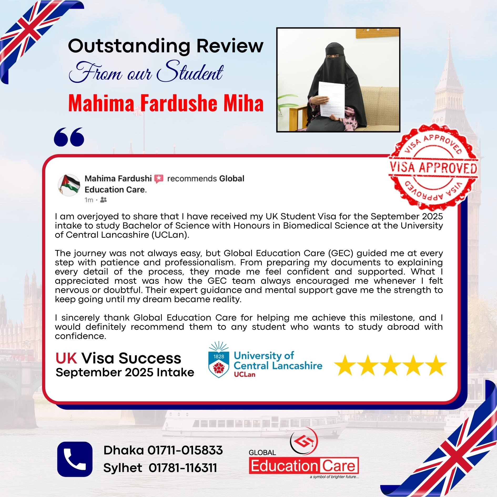 UK Visa Success |Mahima Fardushi Miha | ULan | BSc (Hons) Biomedical Science | September 2025 intake