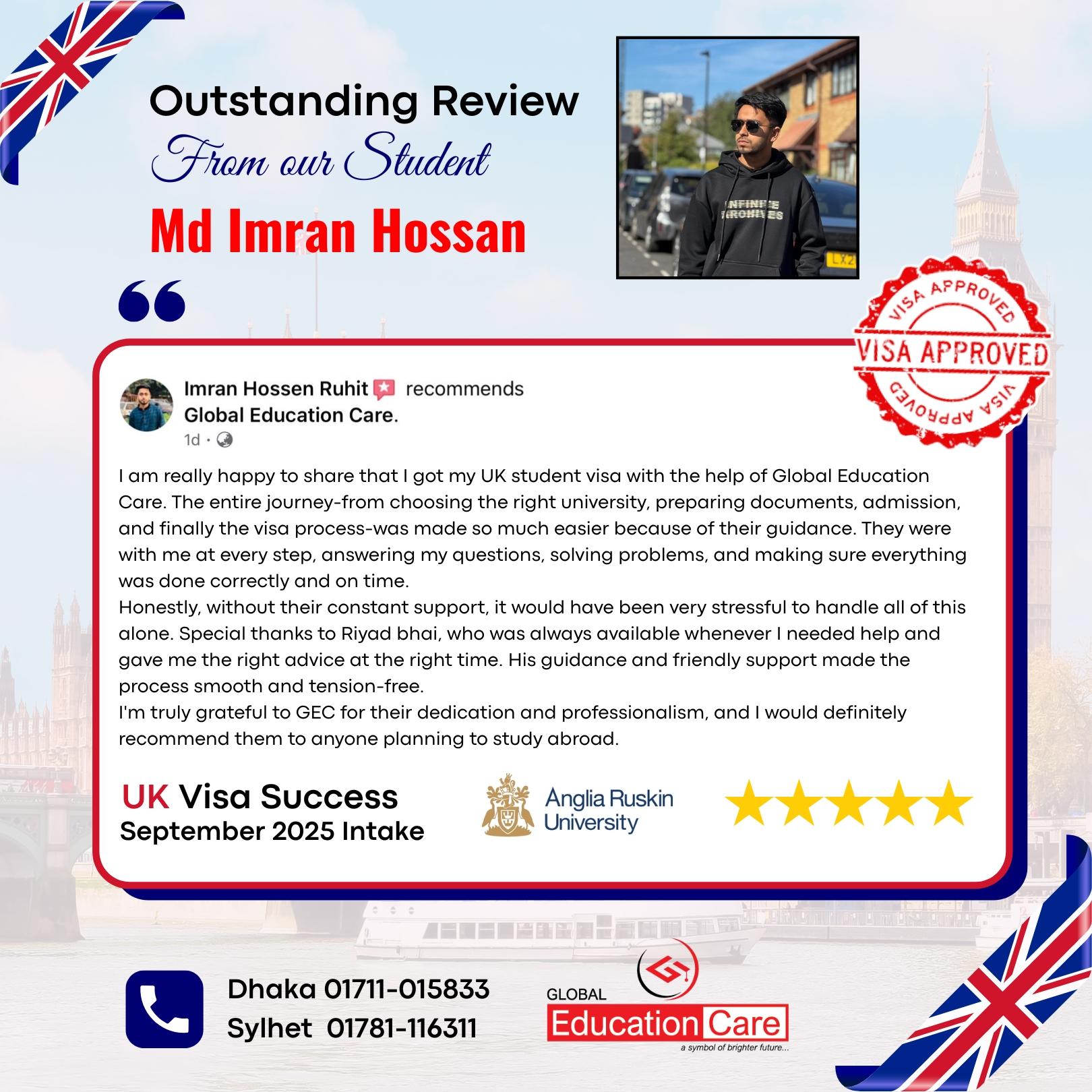 UK Visa Success | Imran Hossan | Anglia Ruskin University |BSc (Hons) Computer Science | September 2025 intake