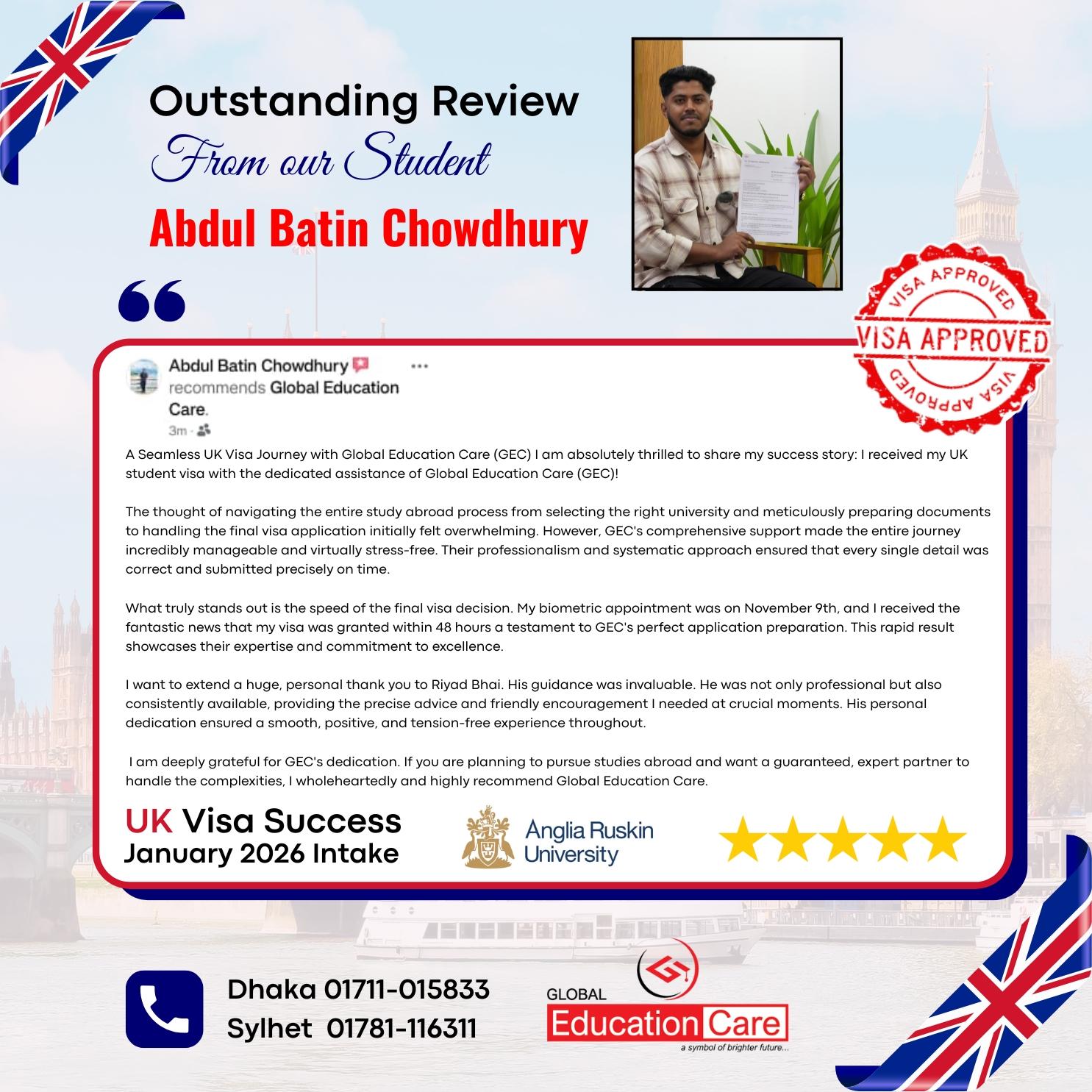 UK Visa Success | Abdul Batin Chowdhury | Anglia Ruskin University | BSc (Hons) International Business Management | January 2026 intake