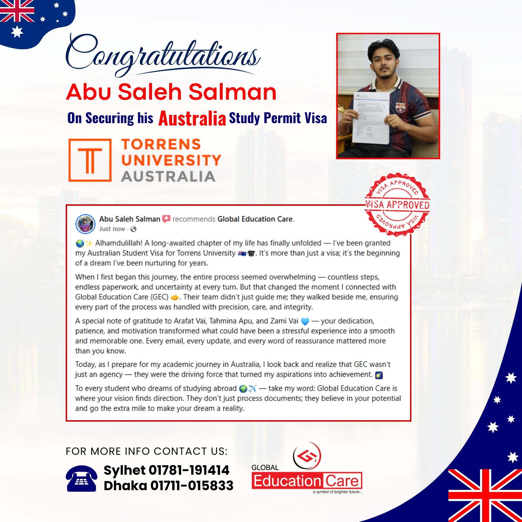 Australia Visa Success | Abu Saleh Salman | Torrens University | November 2025 Intake